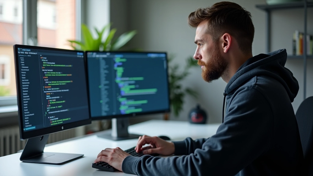 Laptop scherm met HTML hreflang implementatie, code editor met gekleurde syntax, schoon werkruimte