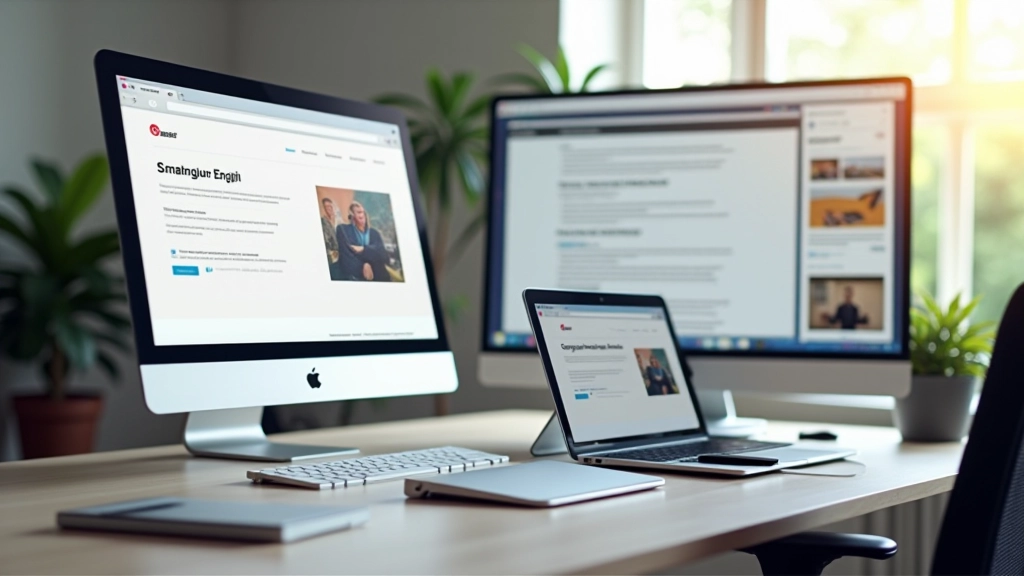 Moderne bureauopstelling met meerdere beeldschermen met webdesign interface, laptop toont multilinguale website inhoud, clean werkplek met grijze tinten en oranje accenten