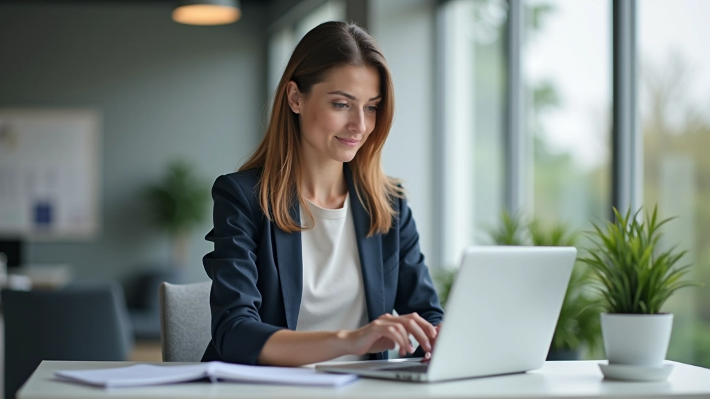 Marieke werkend aan meertalige website-architectuur, zittend aan bureau met laptop en notities, moderne werkplek, helder licht